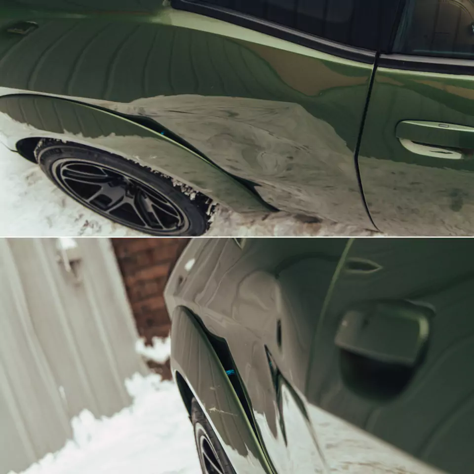 Восстановили крыло Dodge Challenger R/T Scatpack по технологии PDR и заново забронировали полиуретаном